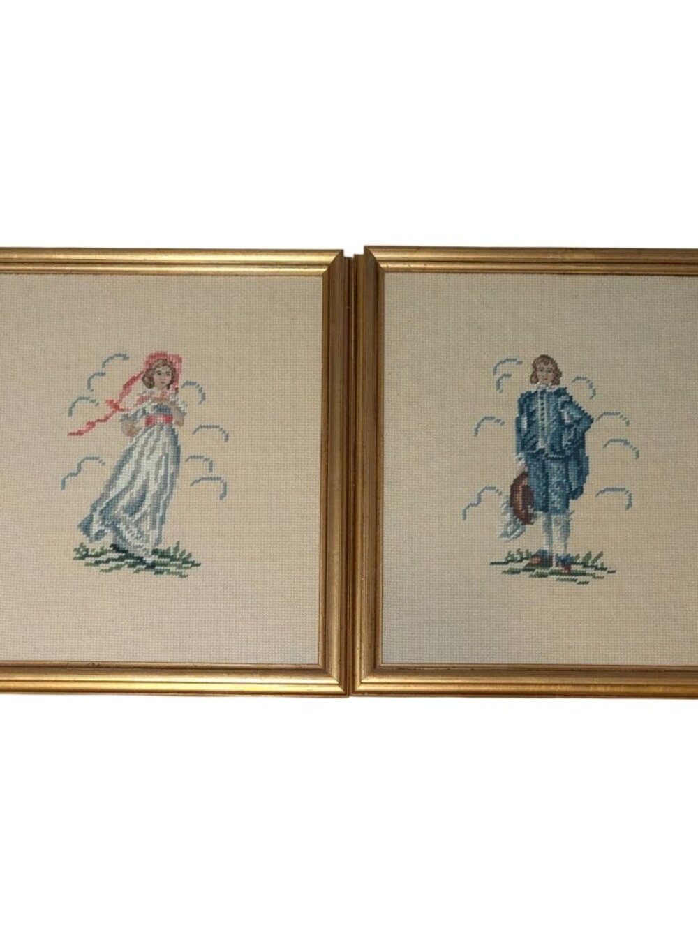 Framed Needlepoint Art "Pinkie & Blue Boy" Petit Point Embroidery Colonial Gold